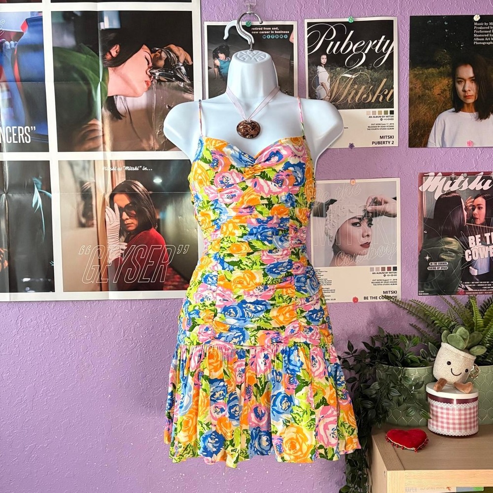 Zara Drop Waist Floral Ruched Colorful Mini Dress Size S